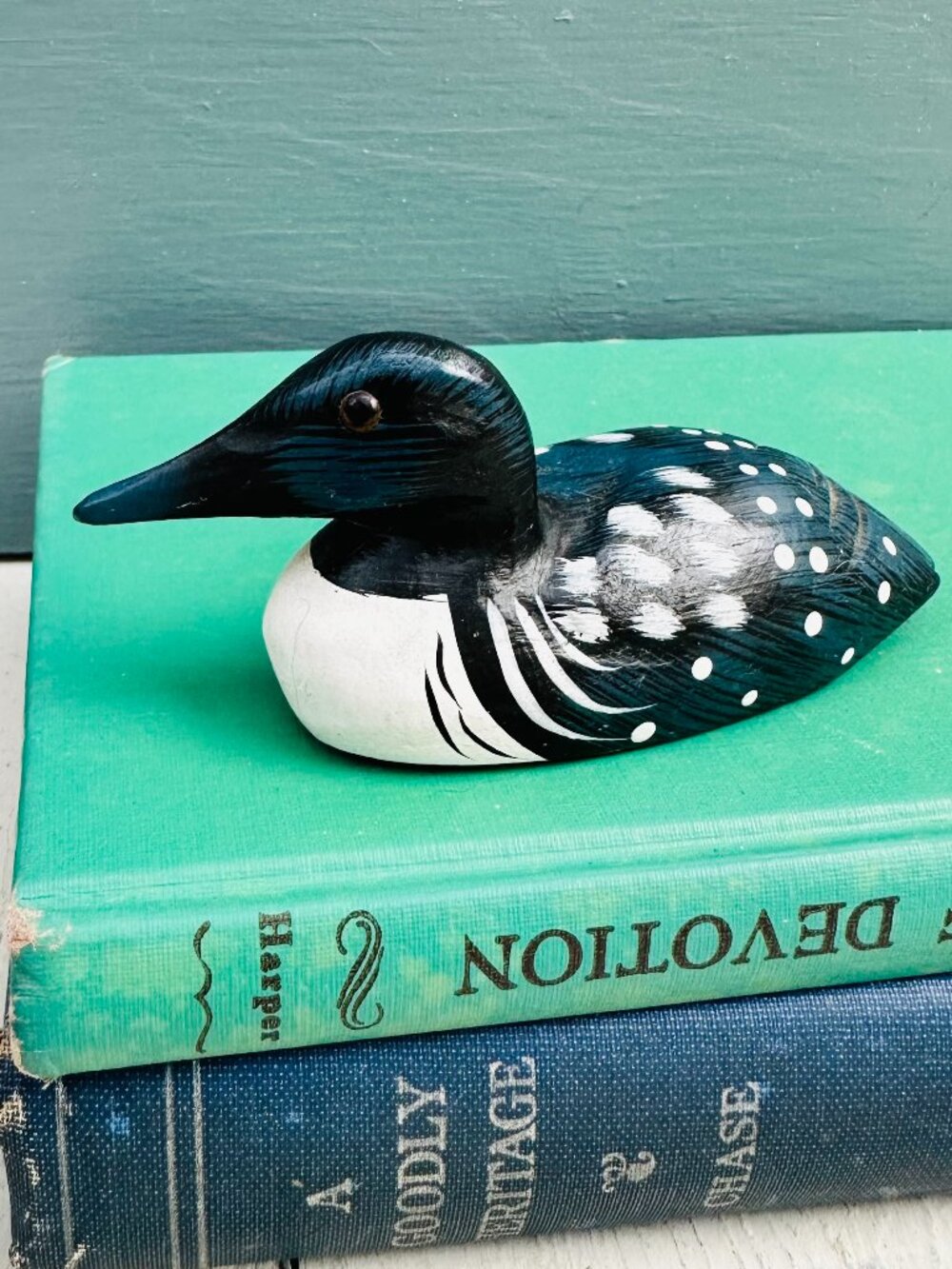 Vintage hand-carved and painted wooden loon figurine, bird decor, cabin decor